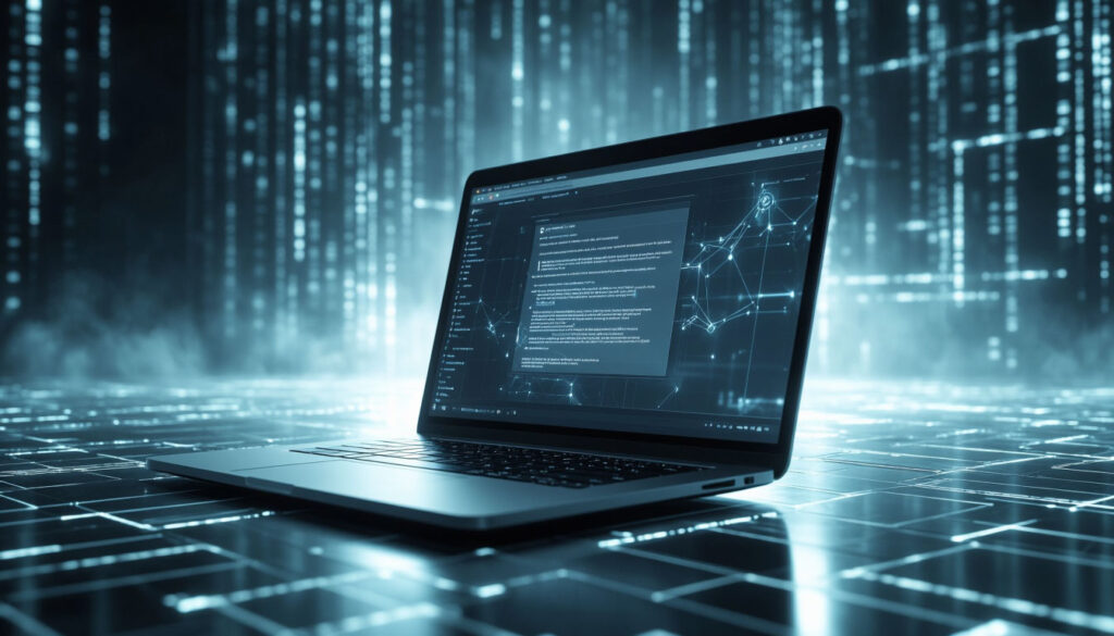 A laptop set against an abstract digital landscape with an open form of communication with the agency displayed on the screen.